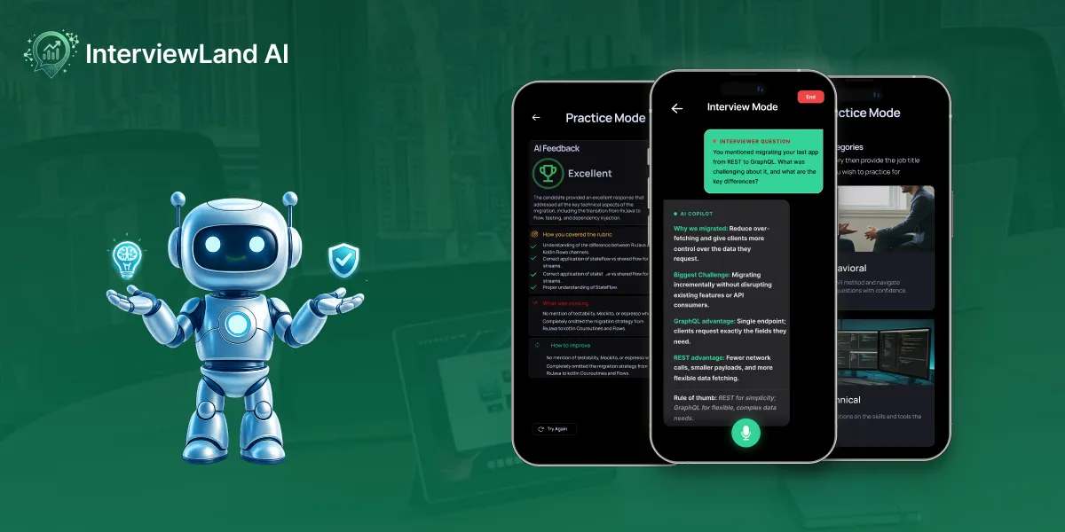 InterviewLand AI — a robot mascot beside three phone screens showing practice mode with AI feedback, a live interview with an AI copilot, and interview categories