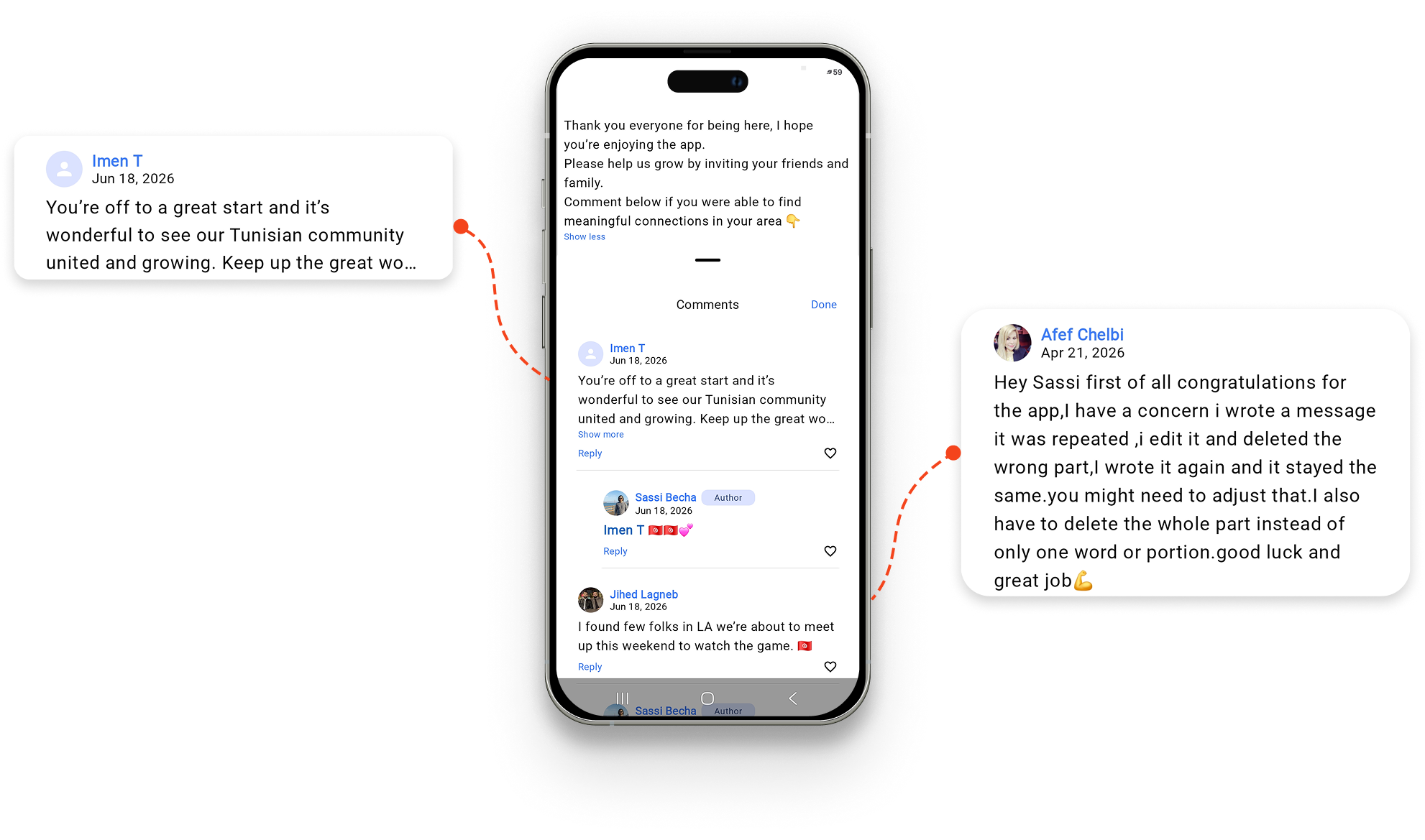 In-app comments from early users welcoming the app and encouraging the community to grow