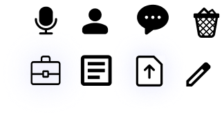 Icon set — microphone, profile, chat, delete, briefcase, document, upload, and edit