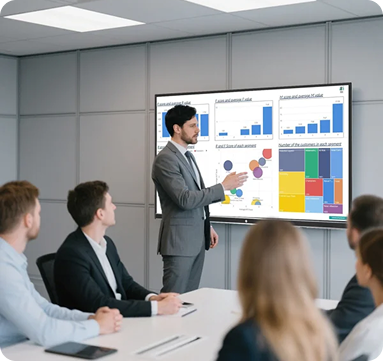 A team reviewing competitor products on a large screen in a meeting room