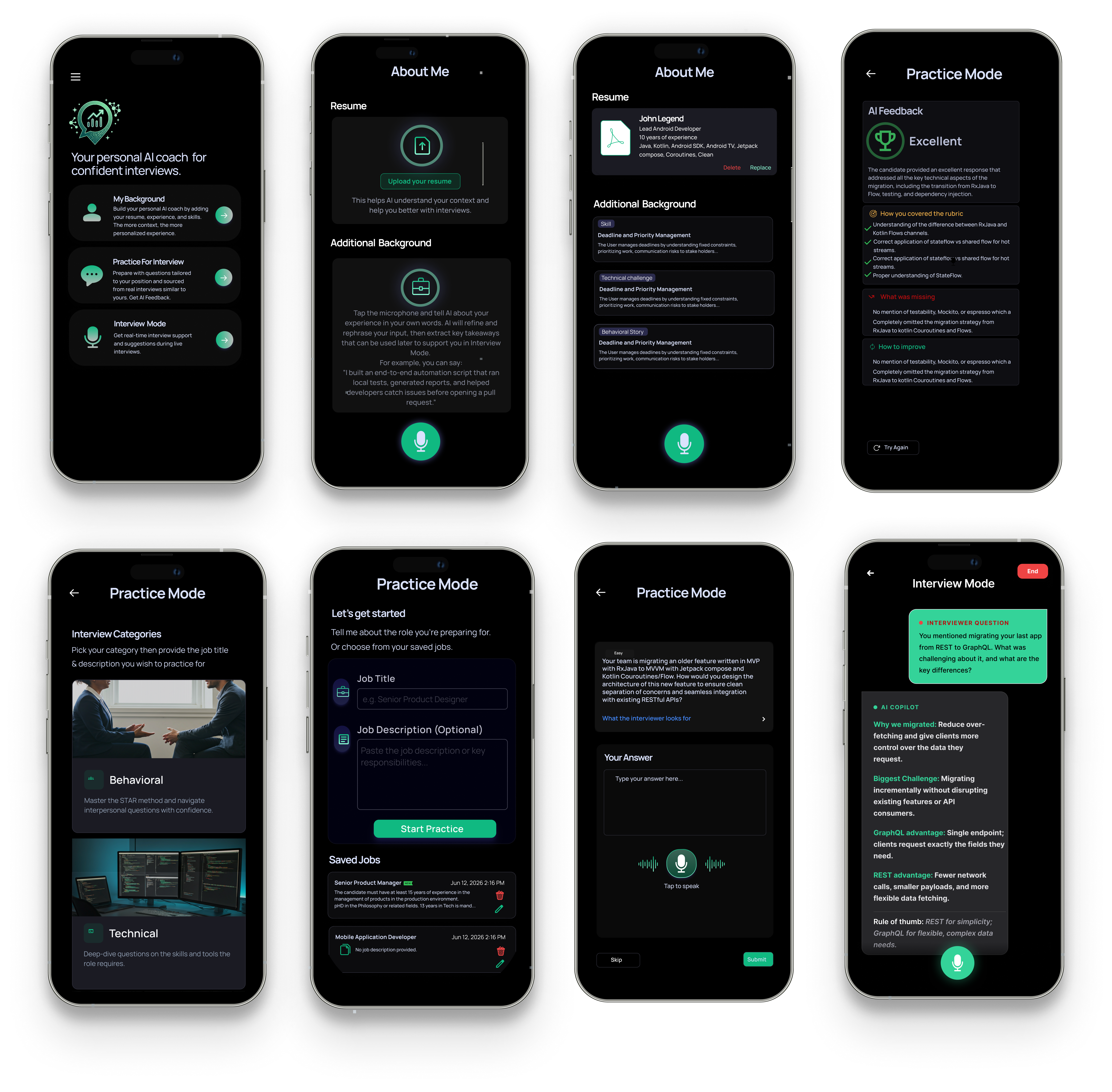 Final UI screens — the AI coach home, About Me resume upload and parsed background, AI feedback in Practice Mode, interview categories, practice setup with saved jobs, answering a question, and Interview Mode with the AI copilot