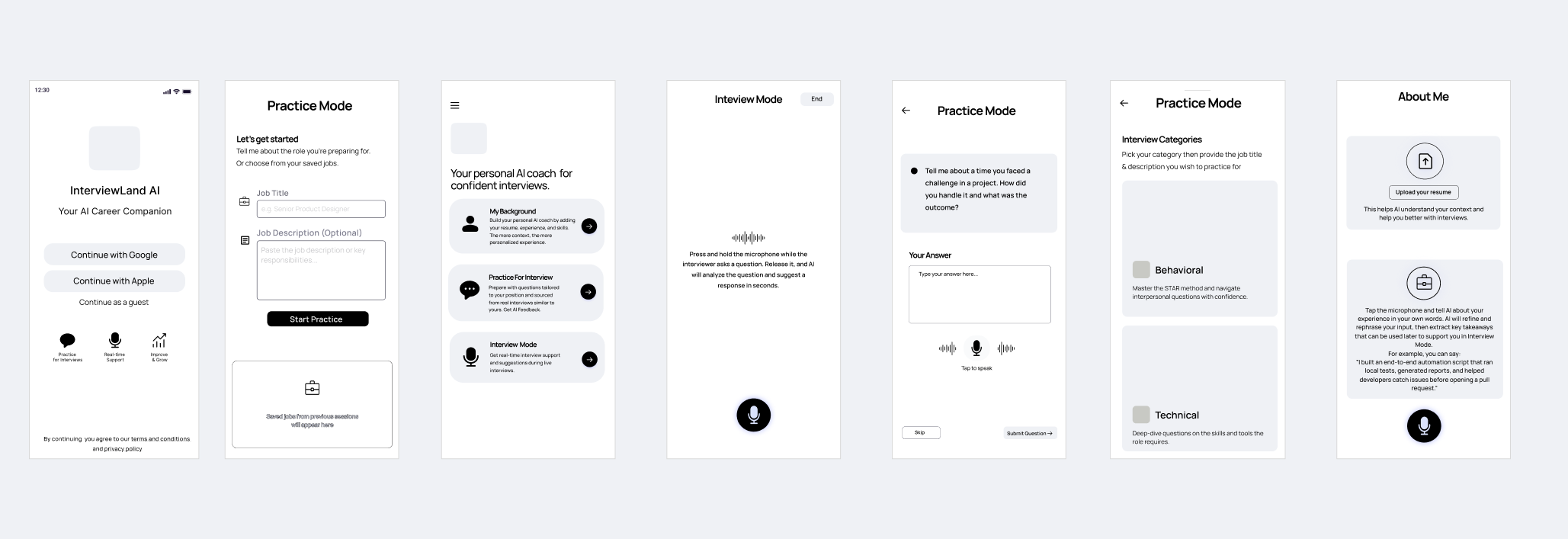 Low-fidelity wireframes — sign-in, practice mode setup, the AI coach menu, interview mode, answering a question, interview categories, and the About Me screen
