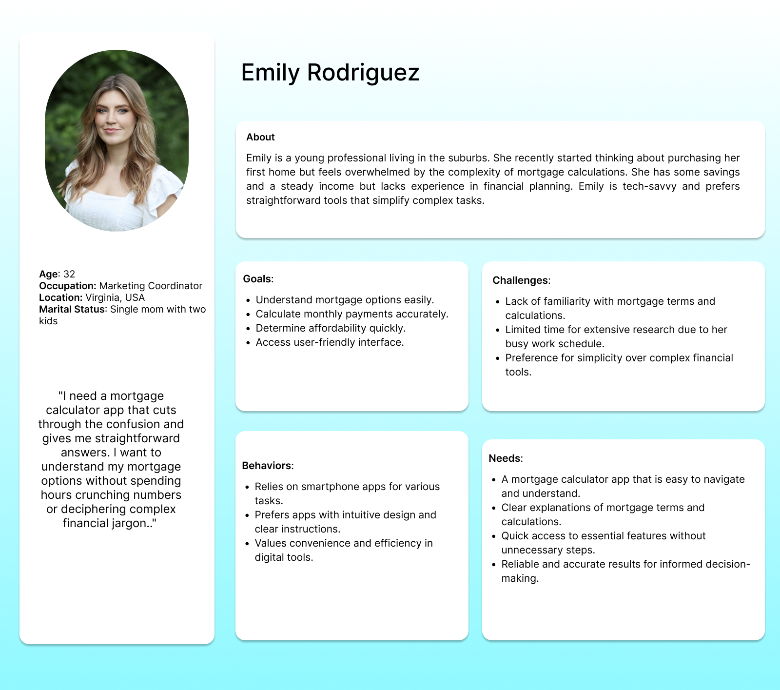 User persona — Emily Rodriguez, a 32-year-old marketing coordinator in Virginia, with her goals, challenges, behaviours and needs