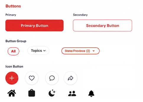UI elements and buttons — primary and secondary buttons, button groups, and icon buttons